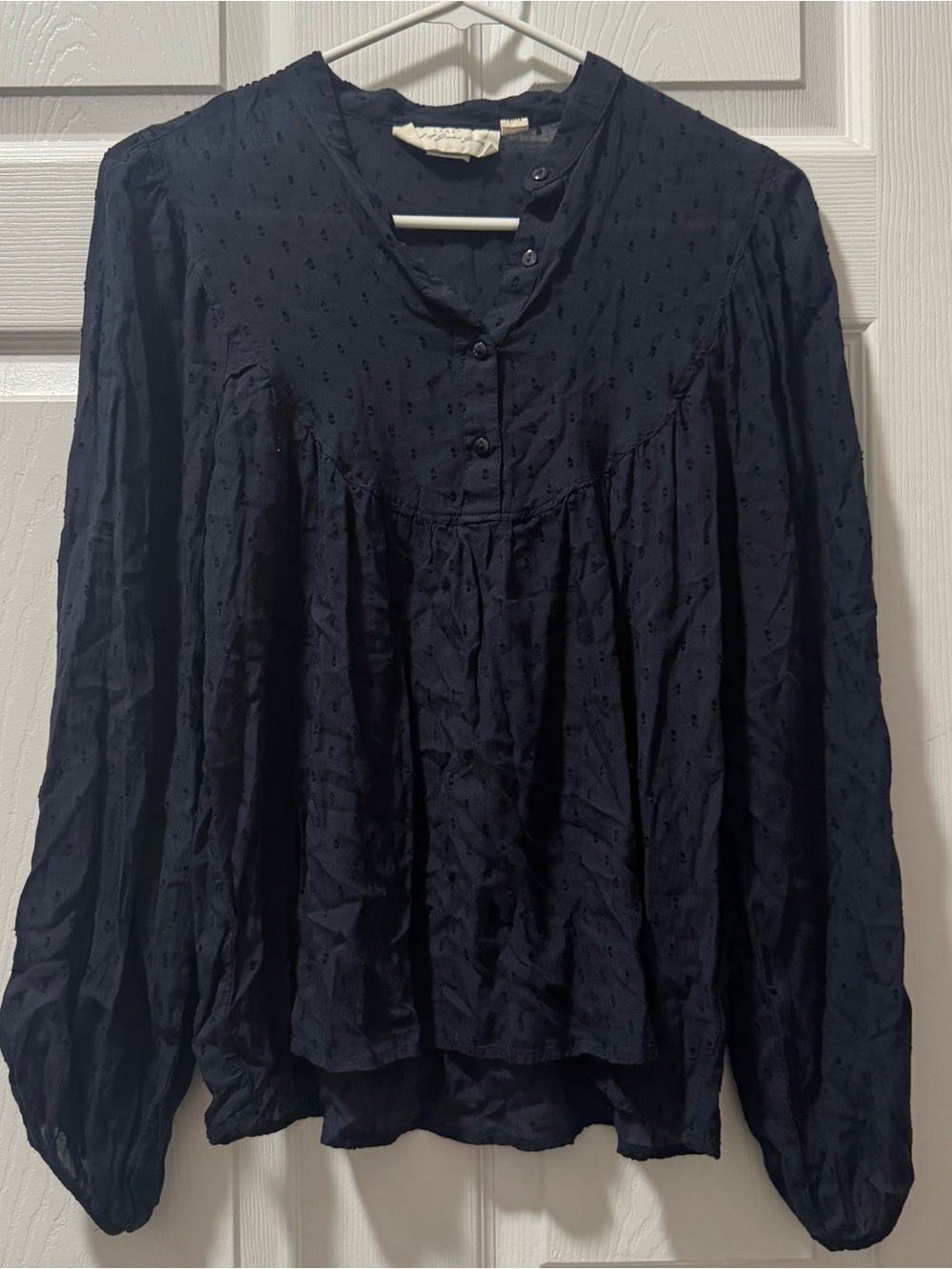 H&M Navy Textured Long-Sleeve Peasant Blouse